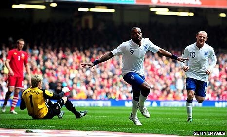 Darren Bent scores in the 14th minute against Wales to secure victory.